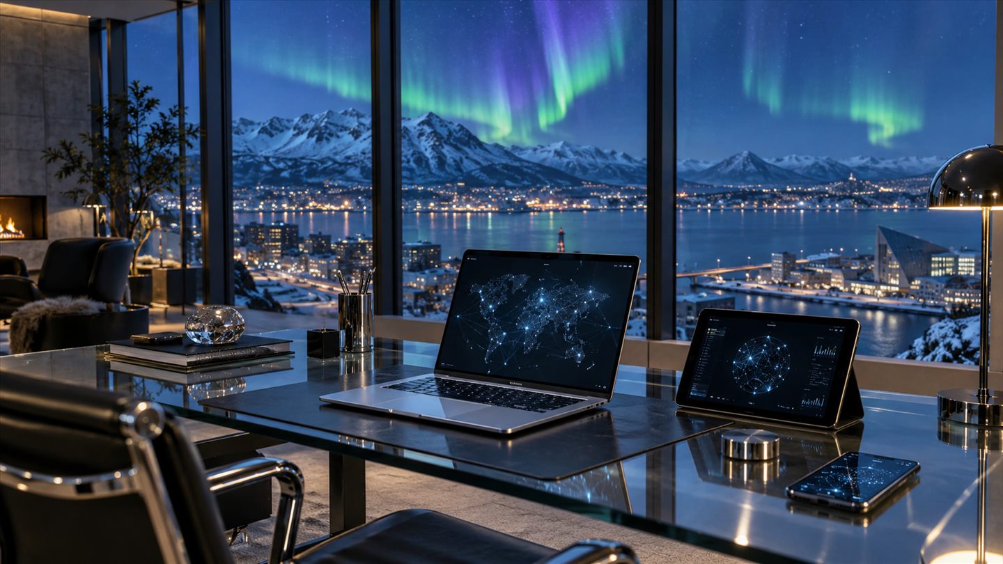 Aurora极光夜景中的北欧办公与多设备网络场景